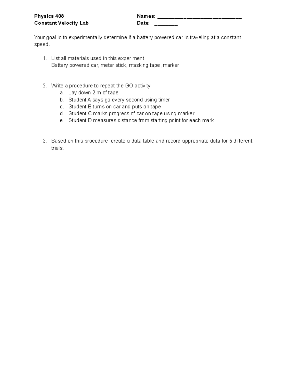 Unit 1 Constant Velocity Lab Physics 408 Names