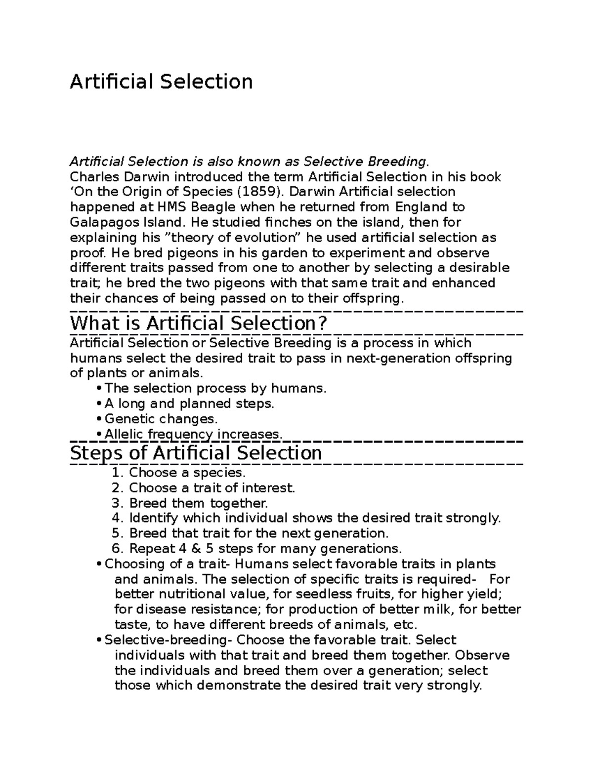 Artificial Selection notes Artificial Selection Artificial