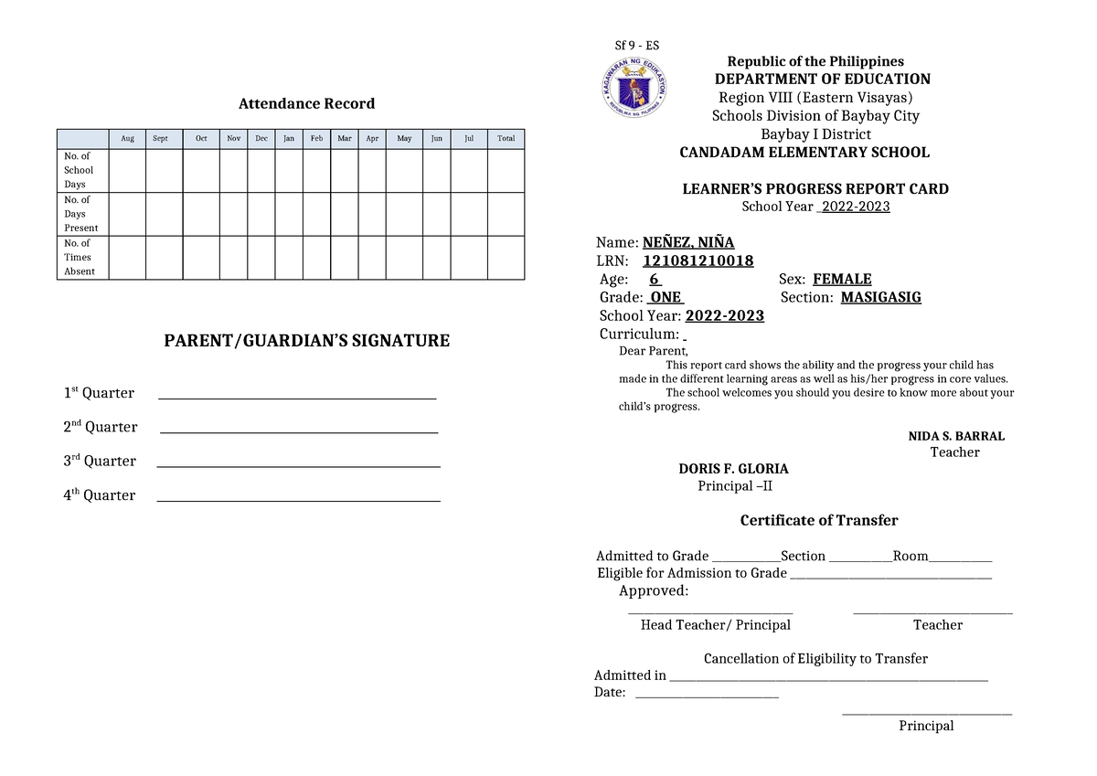 SF 9 ES Learners Progress Report Card 1 NIDA - Attendance Record Aug ...