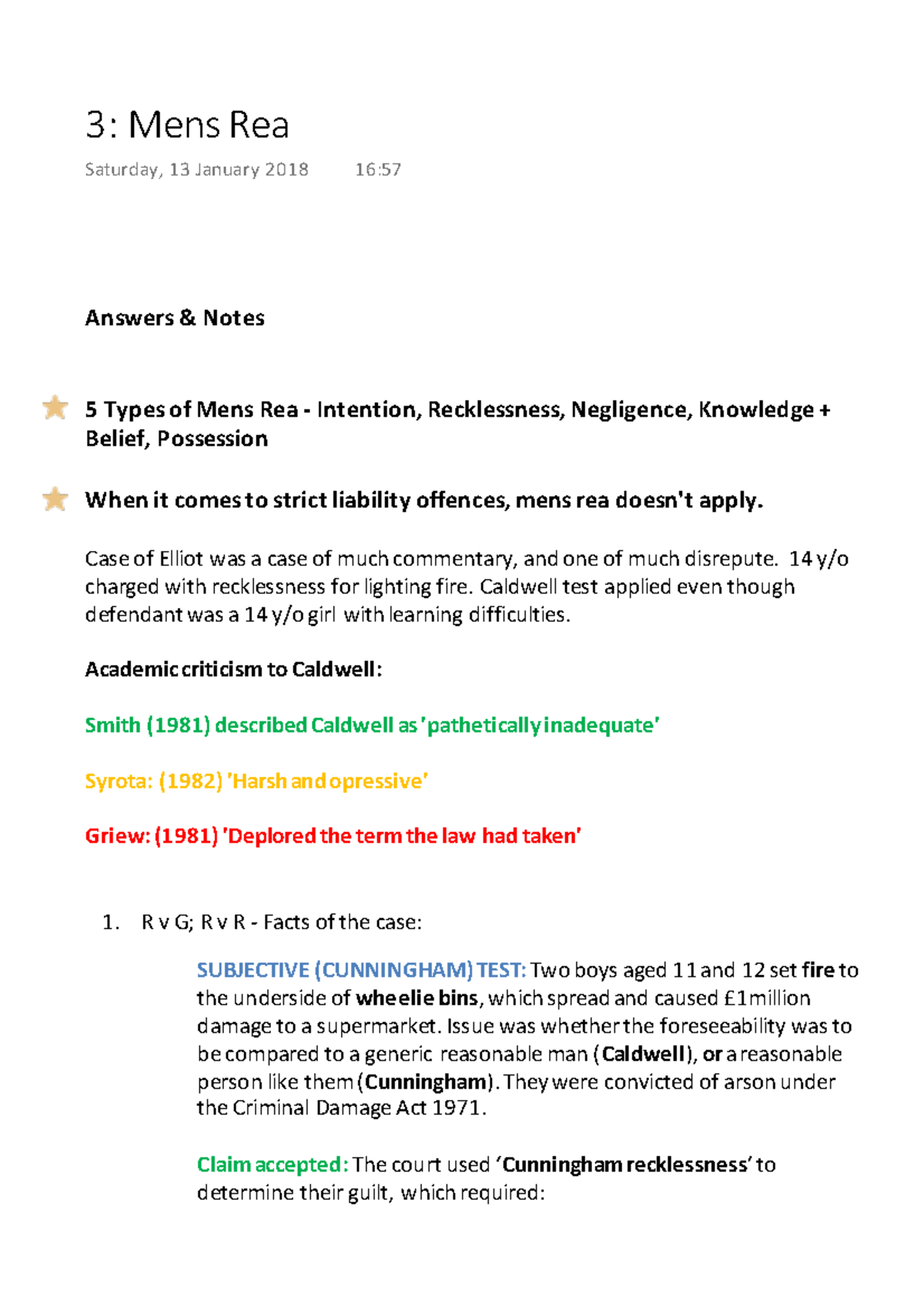 Mens Rea Tutorial Answers & Notes 5 Types of Mens Rea Intention