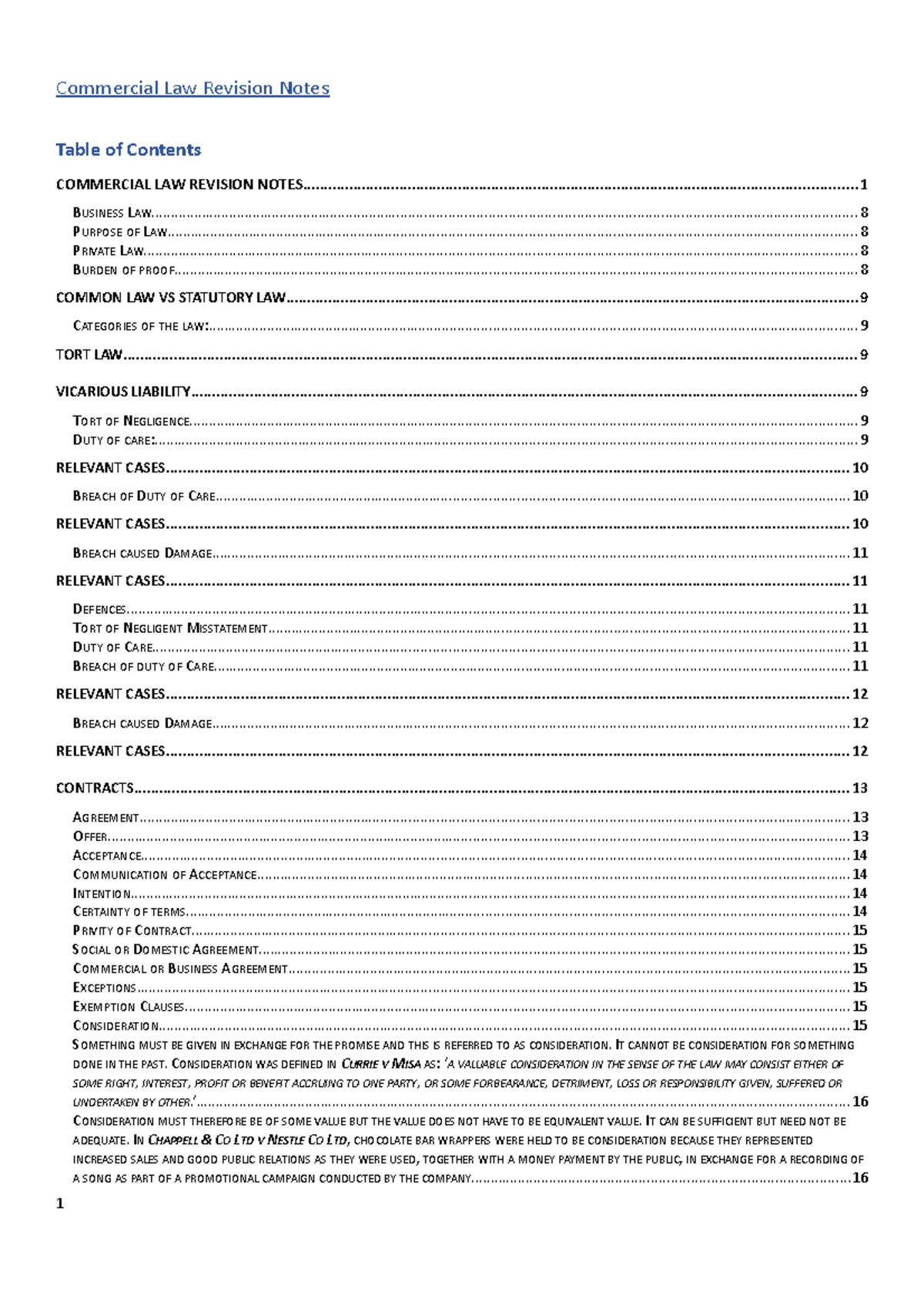 Commercial Law Exam Notes - Commercial Law Revision Notes Table of ...