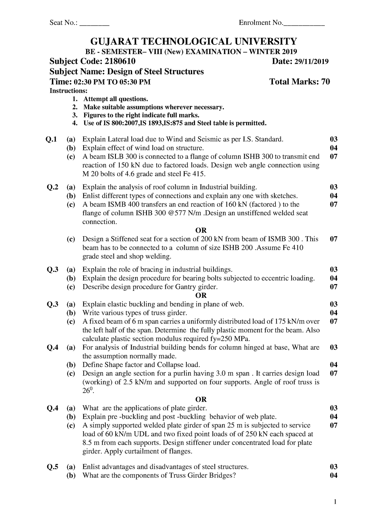 2180610 2Gujarat Technological University Paper of Design of Steel ...