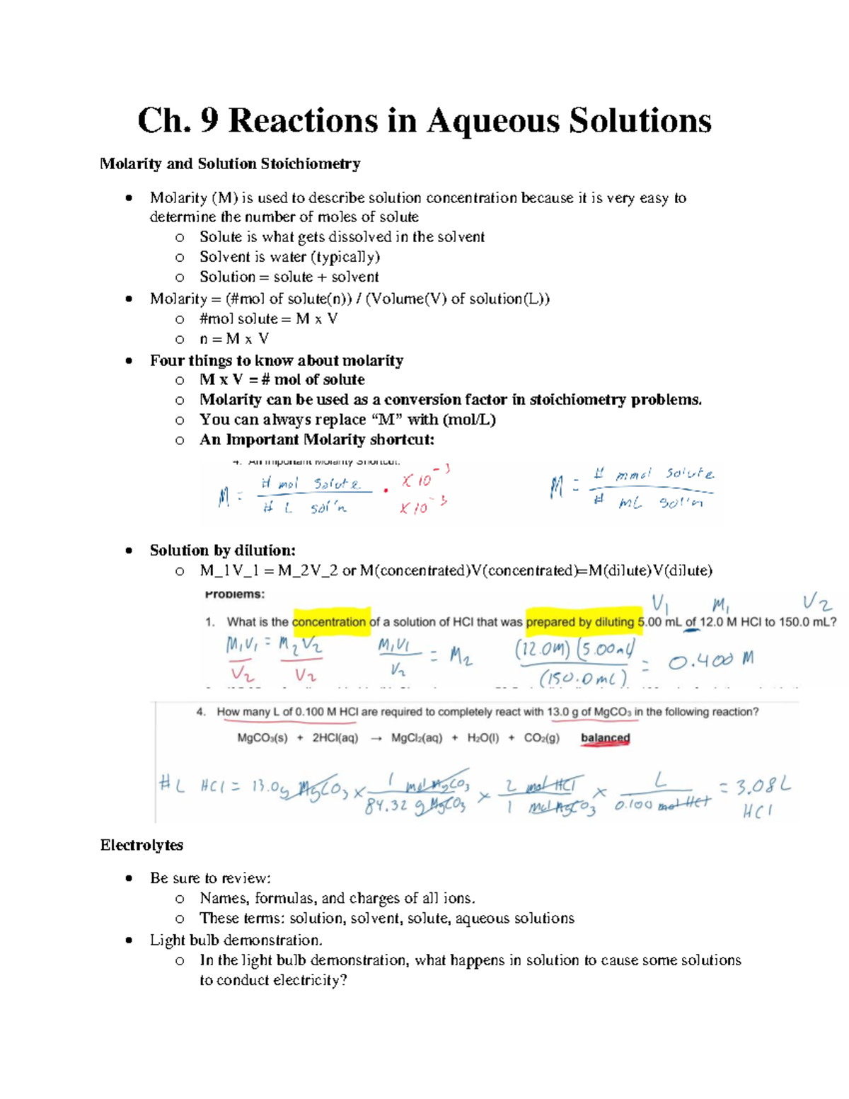 CHEM 1411 CH.10 notes - Ch. 9 Reactions in Aqueous Solutions Molarity ...