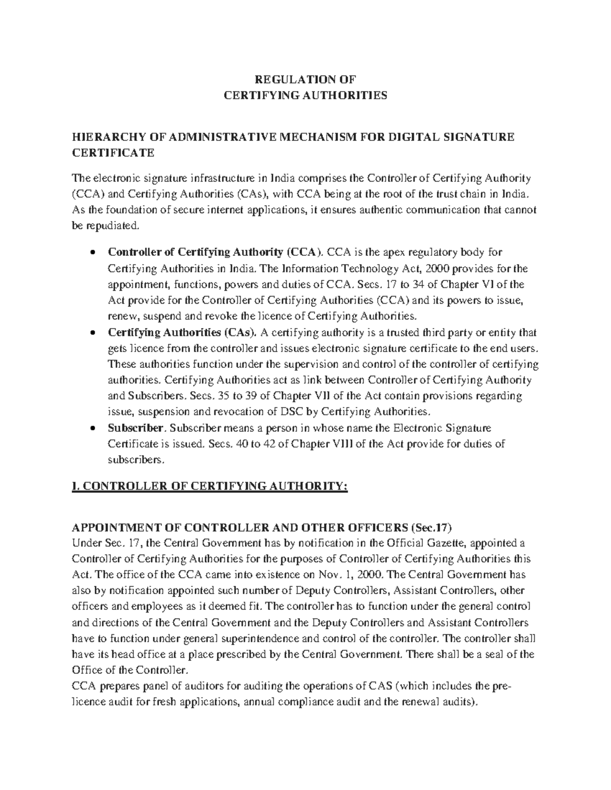 Appointment and Functions of Controller; - REGULATION OF CERTIFYING ...