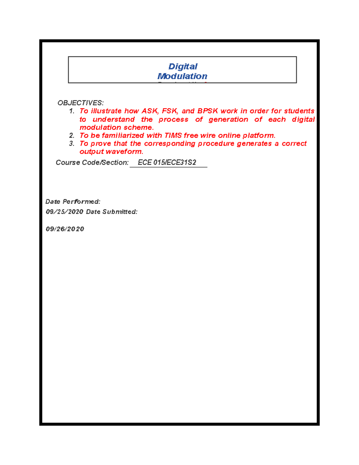 ECE015 Assignment 5 - Digital Modulation Experiment No. 2 - OBJECTIVES ...