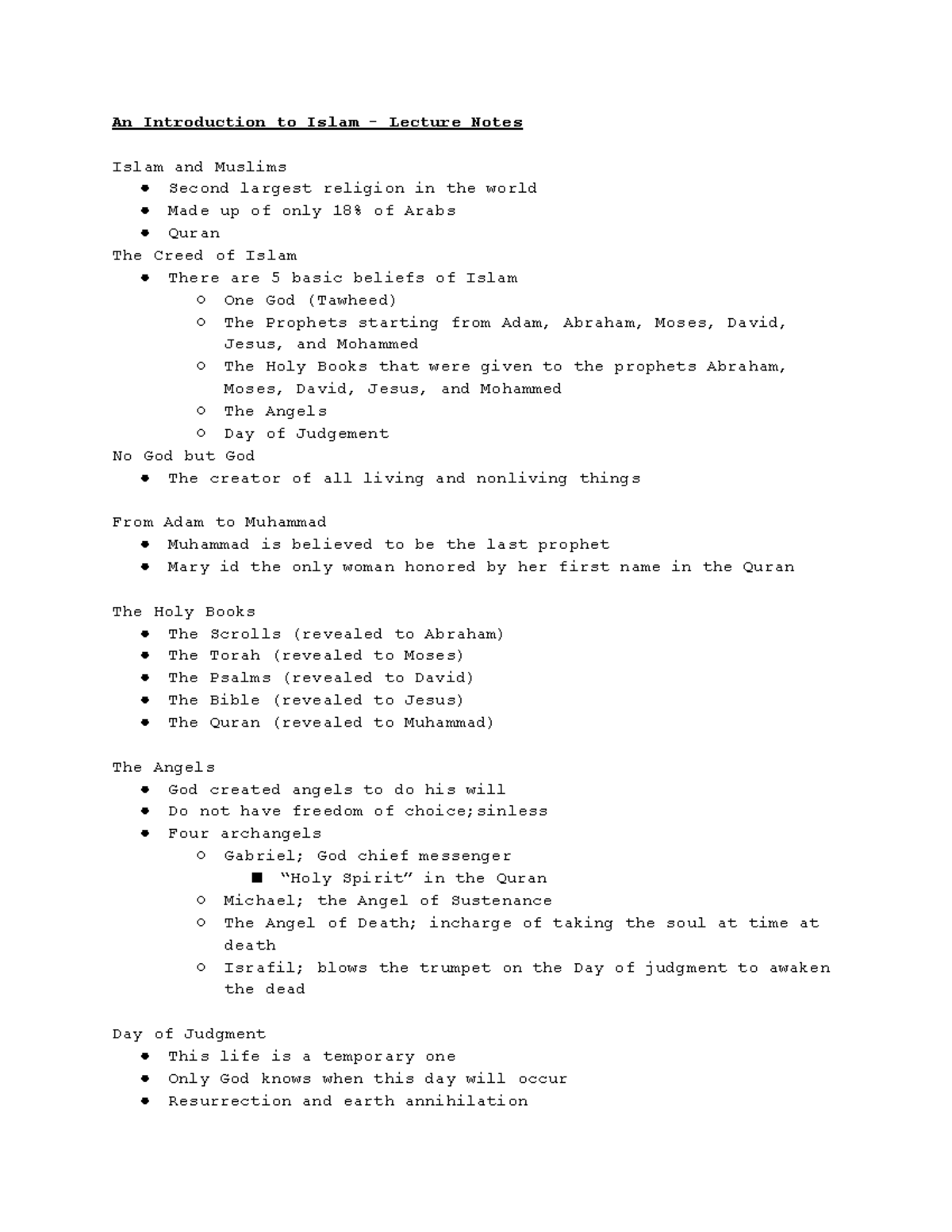 An Introduction to Islam - Lecture Notes - The Shahada a. One God and ...