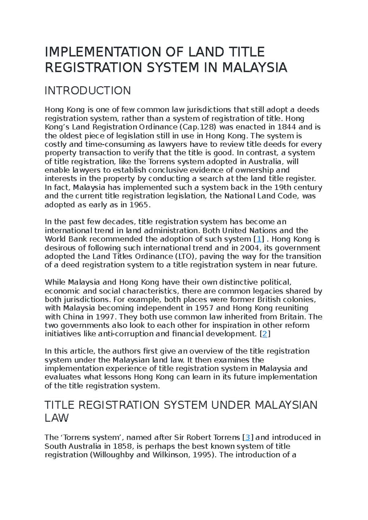 Intro 2 - IMPLEMENTATION OF LAND TITLE REGISTRATION SYSTEM IN MALAYSIA ...