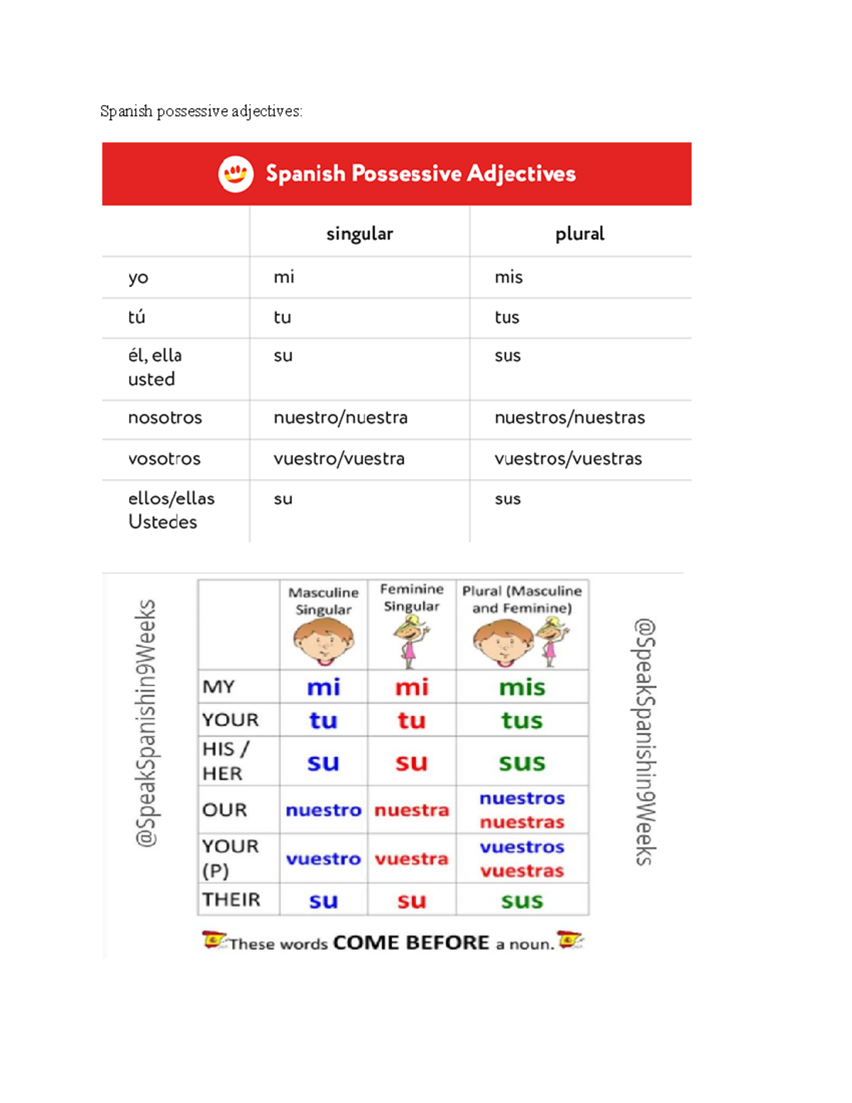 Possessive adj. pronouns - Spanish possessive adjectives: Mi, tu, and ...