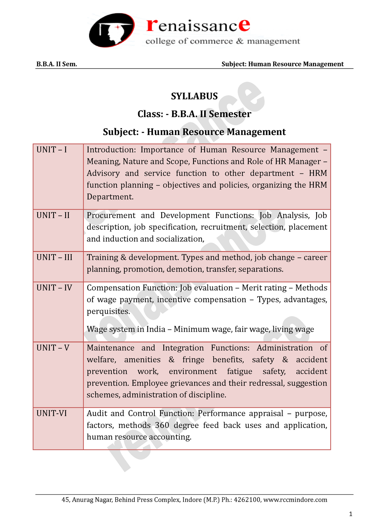 Hrm-Bba-Ii - Lecture Notes 1-5 - 45, Anurag Nagar, Behind Press Complex,  Indore (M.) Ph.: 4262100, - Studocu