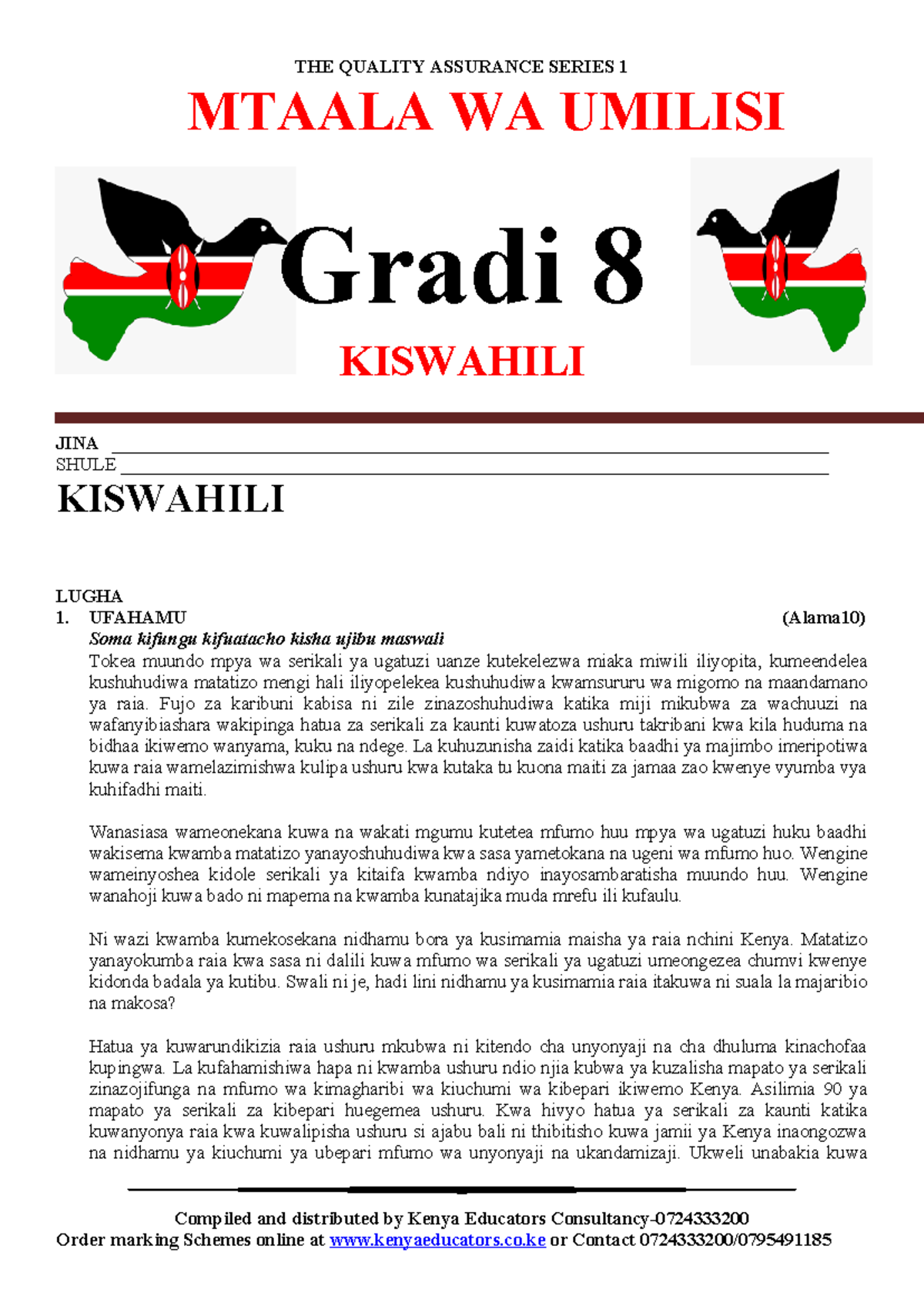 Grade 8 Kiswahili QS - Short - THE QUALITY ASSURANCE SERIES 1 MTAALA WA ...