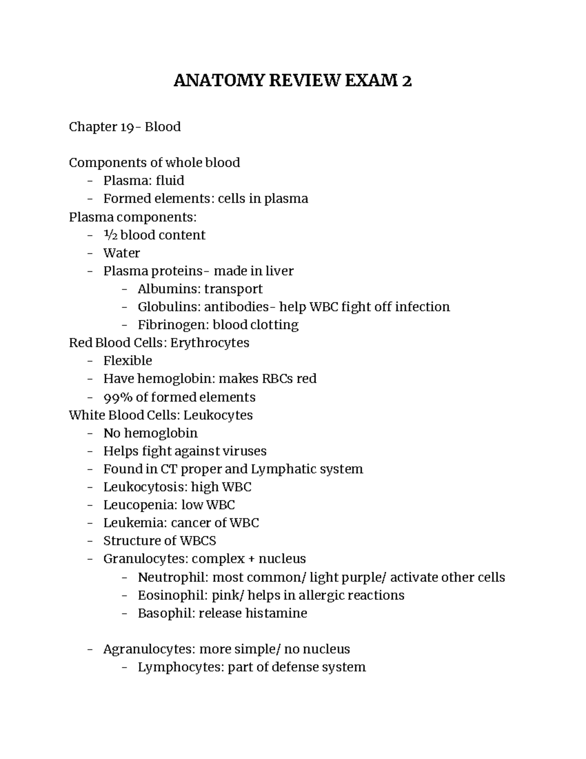 Exam 2 Review Session - ANATOMY REVIEW EXAM 2 Chapter 19- Blood ...