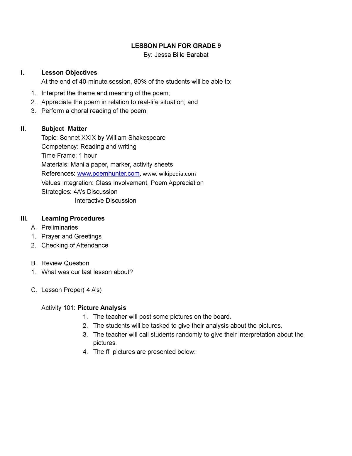 340496119 Lesson Plan For Grade 9 - LESSON PLAN FOR GRADE 9 By: Jessa ...