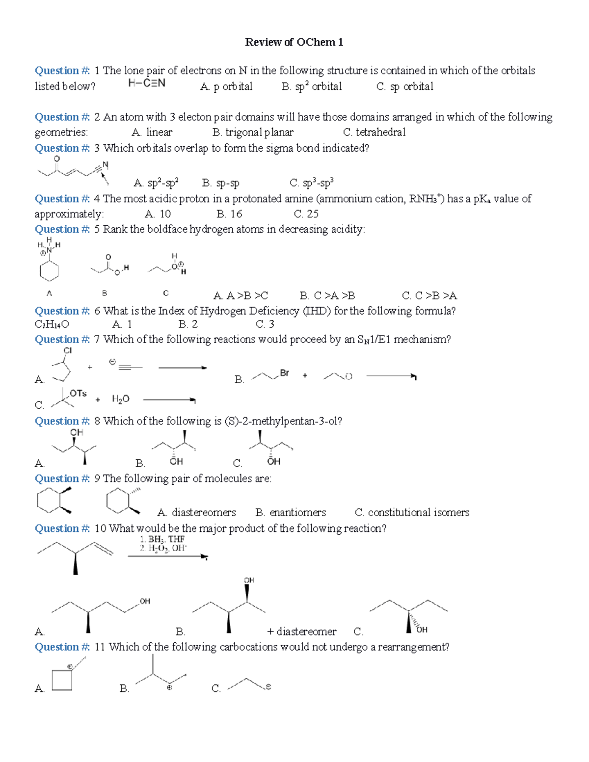 OChem 1 review-1 - Review of OChem 1 Question #: 1 The lone pair of ...