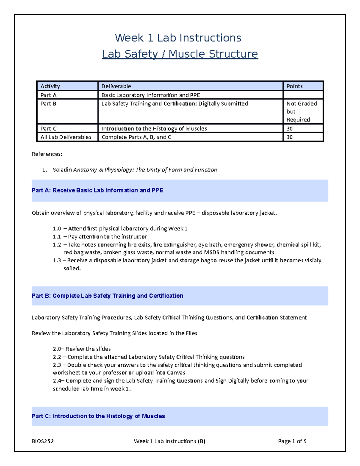 BIOS252 W1 Lab Instructions Week 1 Lab Instructions Lab Safety