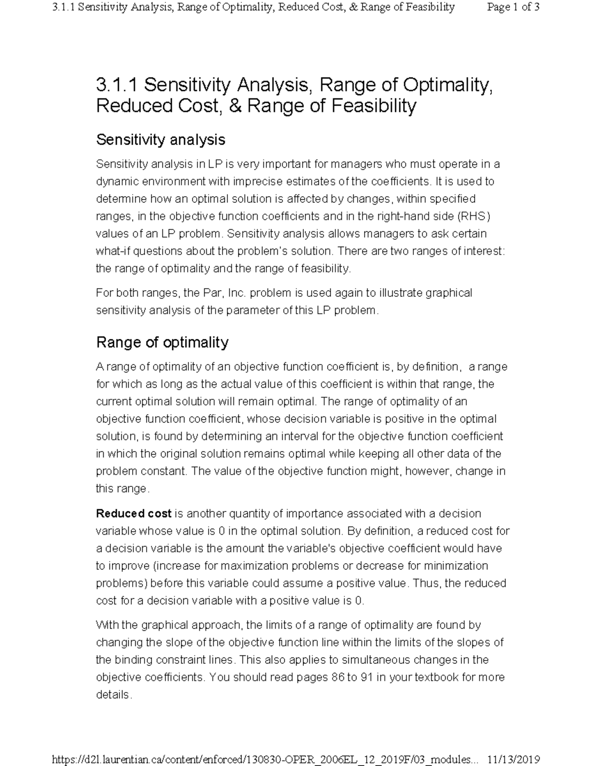 3.1.1 Sensitivity Analysis, Range of Optimality, Reduced Cost, & Range