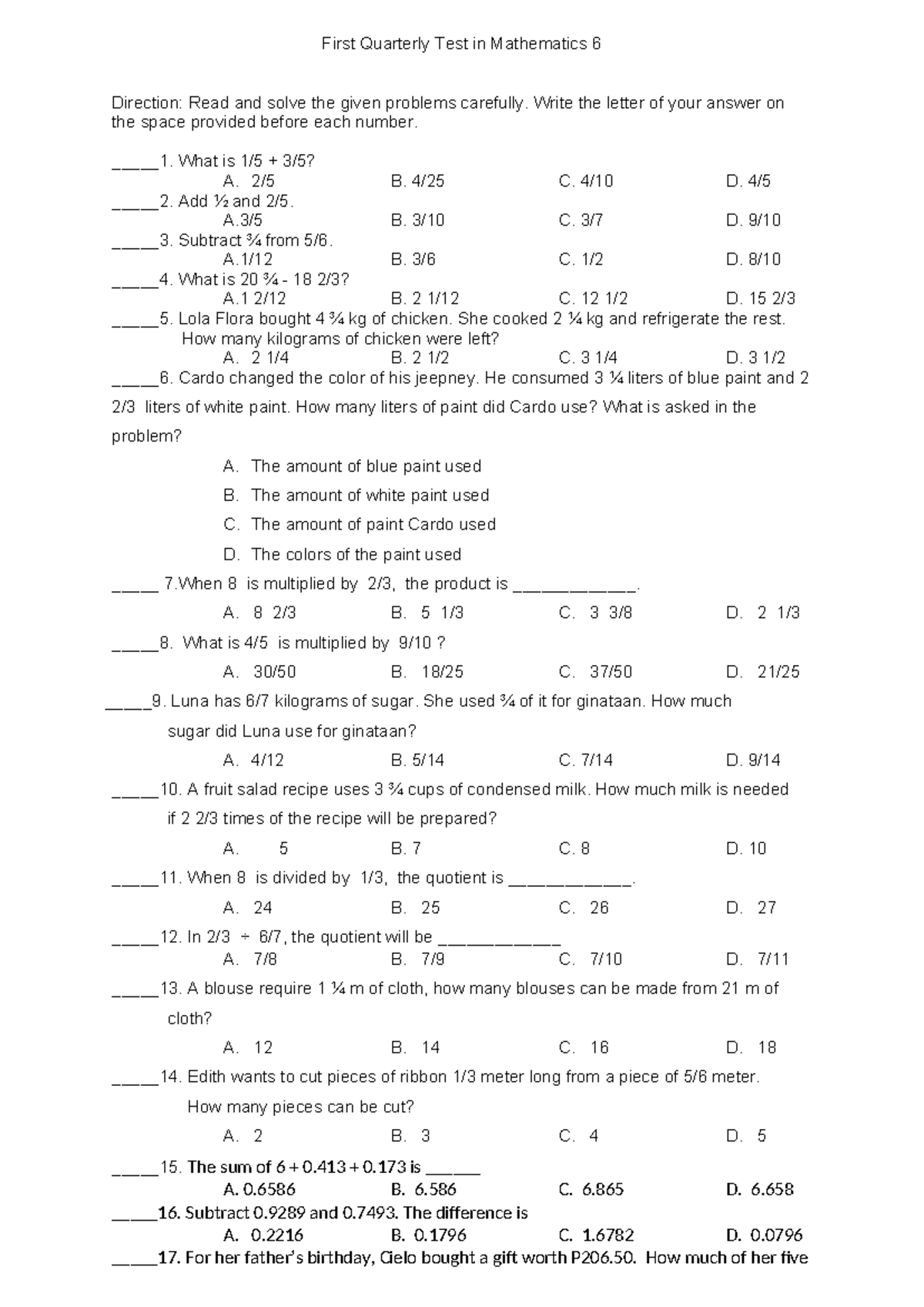 PT Mathematics 6 Q1 - Math - First Quarterly Test in Mathematics 6 ...