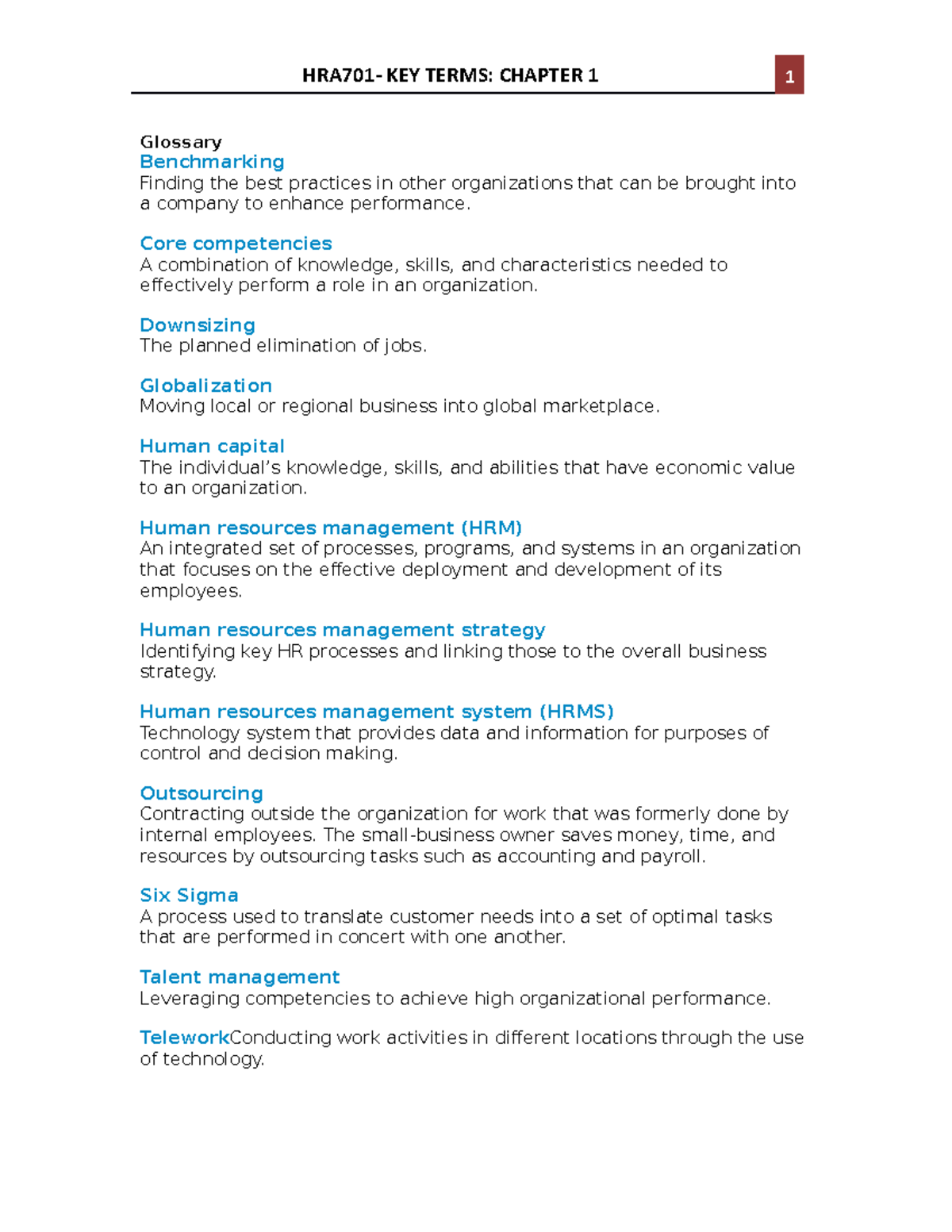 Chapter 1 Key Terms - HRA701- KEY TERMS: CHAPTER 1 1 Glossary ...