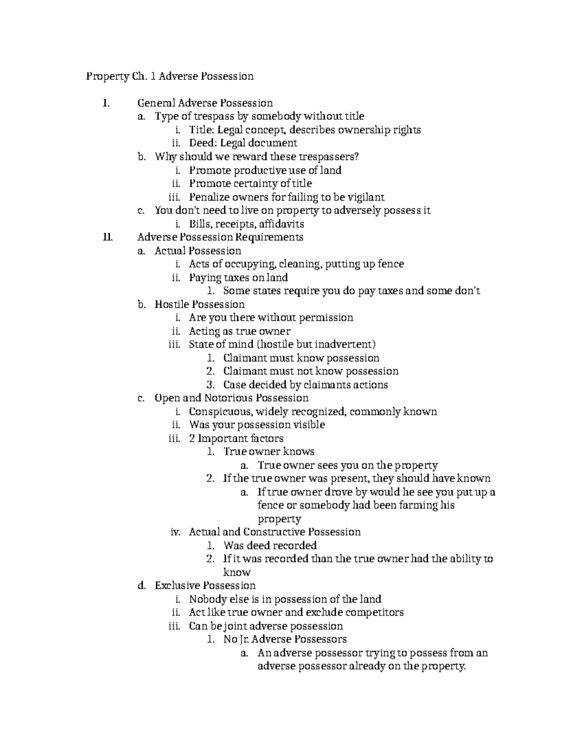 Property Comprehensive Outline - Property Ch. 1 Adverse Possession I ...