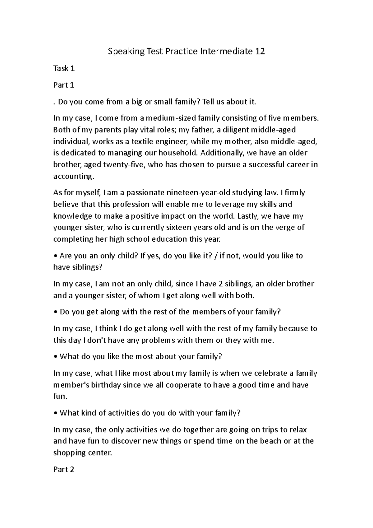 Speaking Test Practice Intermediate 12 - Do you come from a big or ...