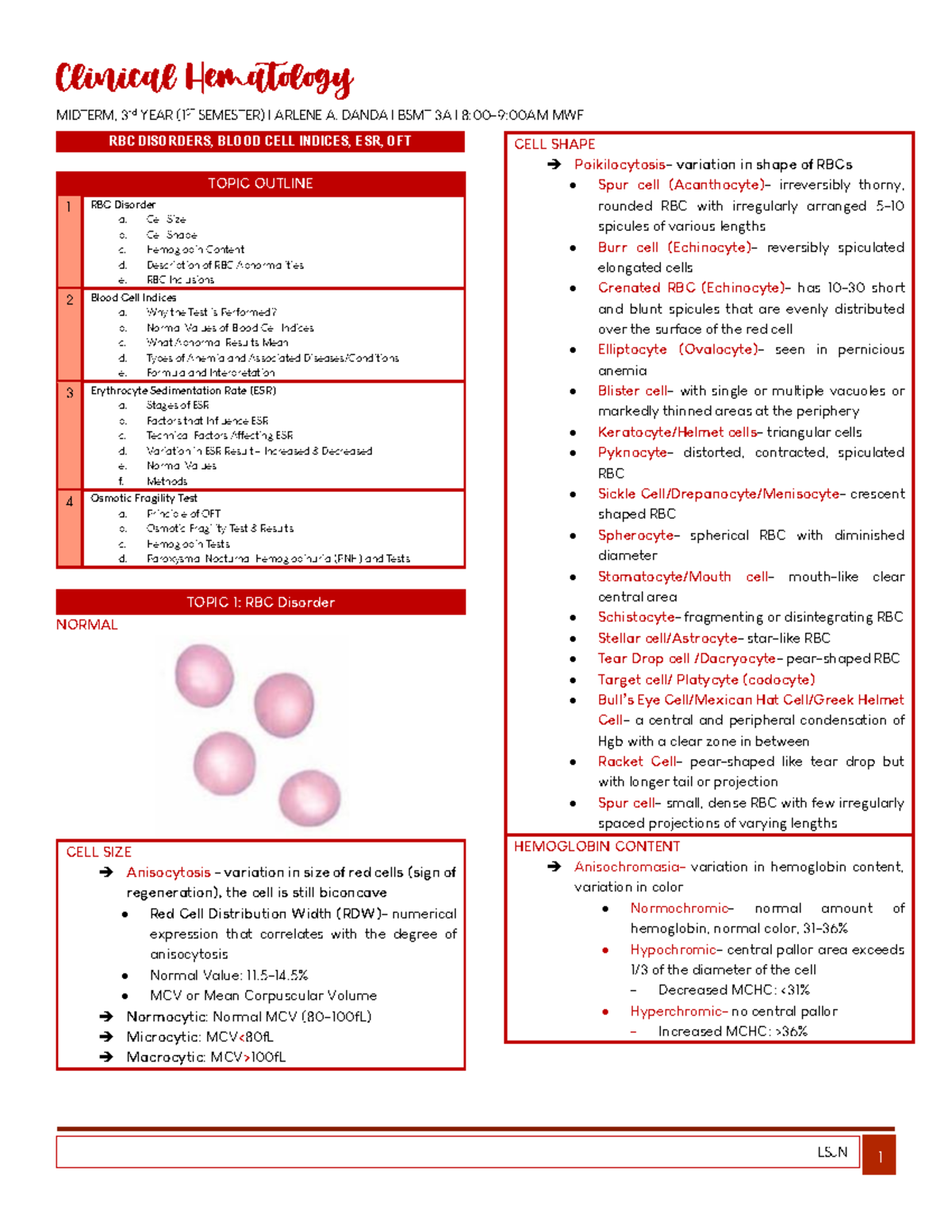 HEMA- RBC Disorders, Indices, ESR, OFT. Trans - MIDTERM, 3rd YEAR (1ST ...