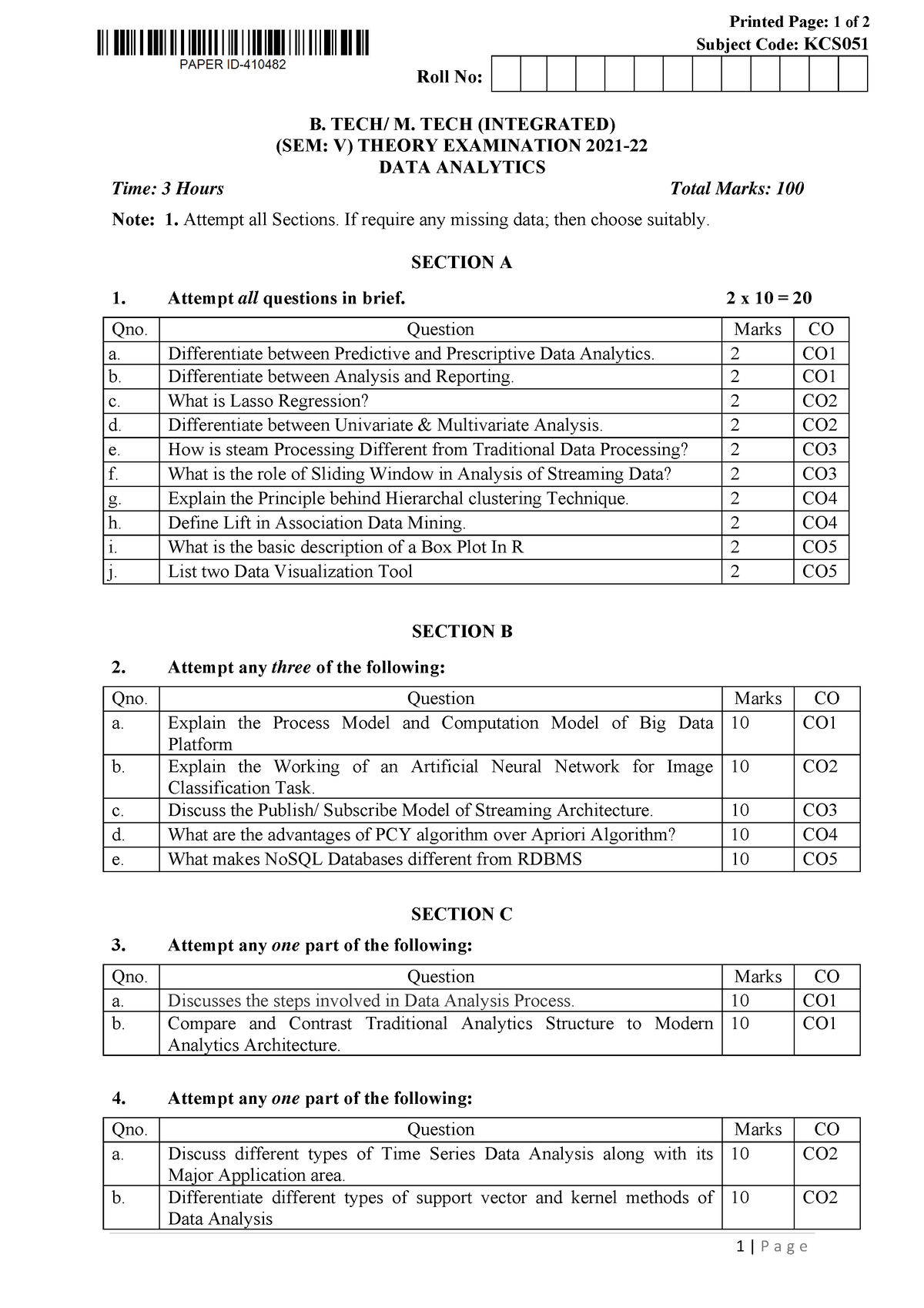 Btech Cs 5 Sem Data Analytics Kcs051 2022 - Printed Page: 1 Of 2 ...