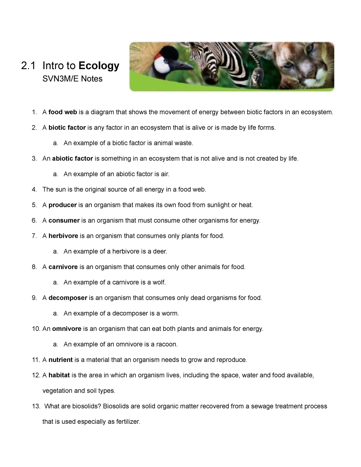 Copy of 2.1 Ecology Handout - 2 Intro to Ecology SVN3M/E Notes A food ...