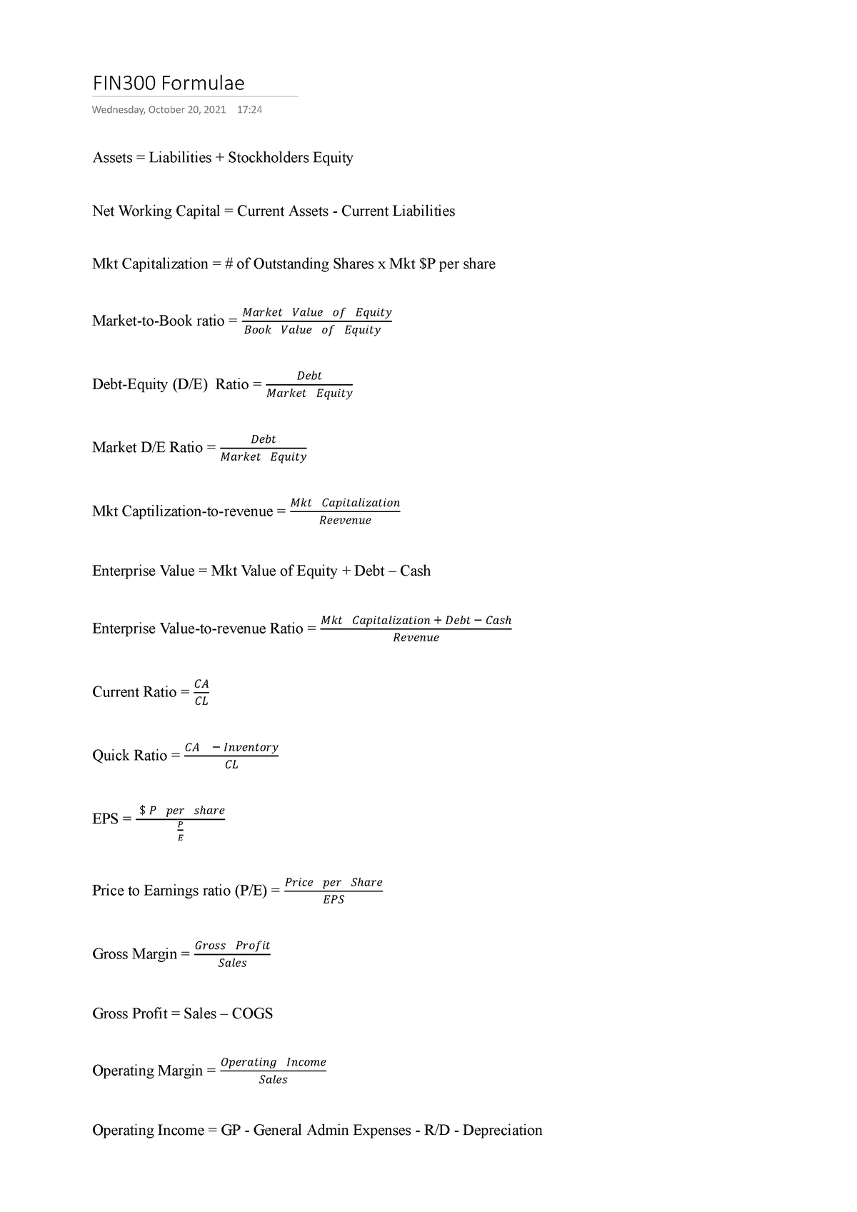 FIN300 Formulae (CHP1,2,3,4,5,18 - FIN300 Formulae Wednesday, October ...