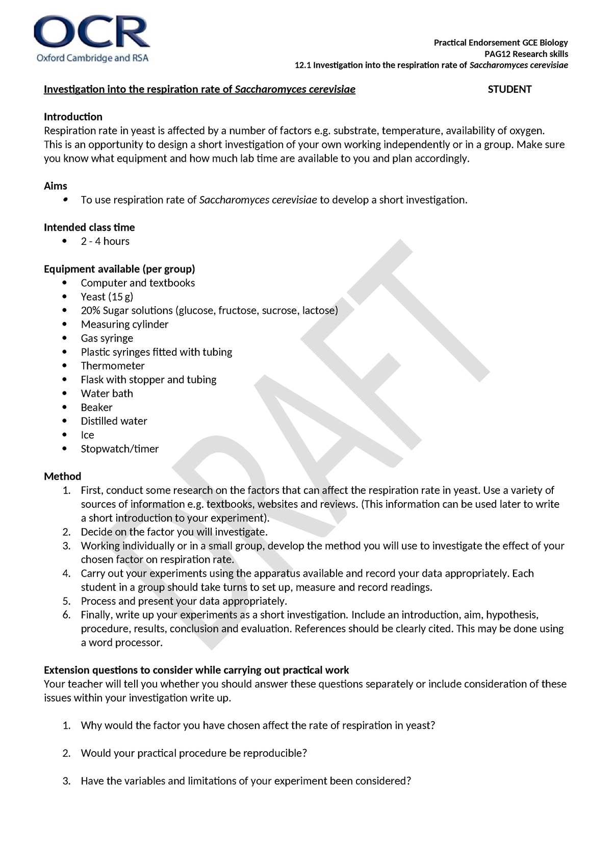 PAG12.1 OCR Instructions - Practical Endorsement GCE Biology PAG12 ...