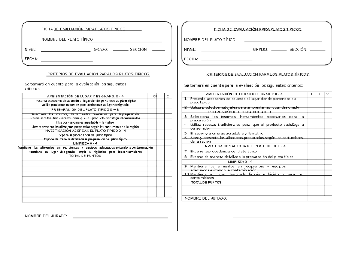 Platos Tipicos Para Un Conocedor Ficha De Evaluaci N Para Platos Tipicos Nombre Del Plato