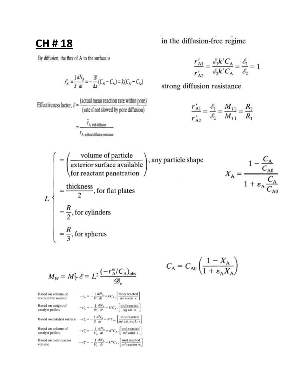 CRD Formula sheet finals - For Plug Flow: For First Order Catalytic ...