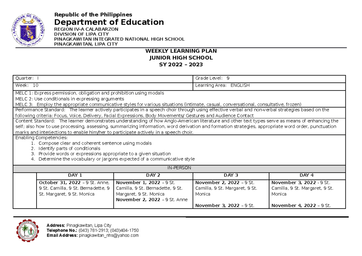 WLPQ1-Week-10 - WLP - Republic of the Philippines Department of ...