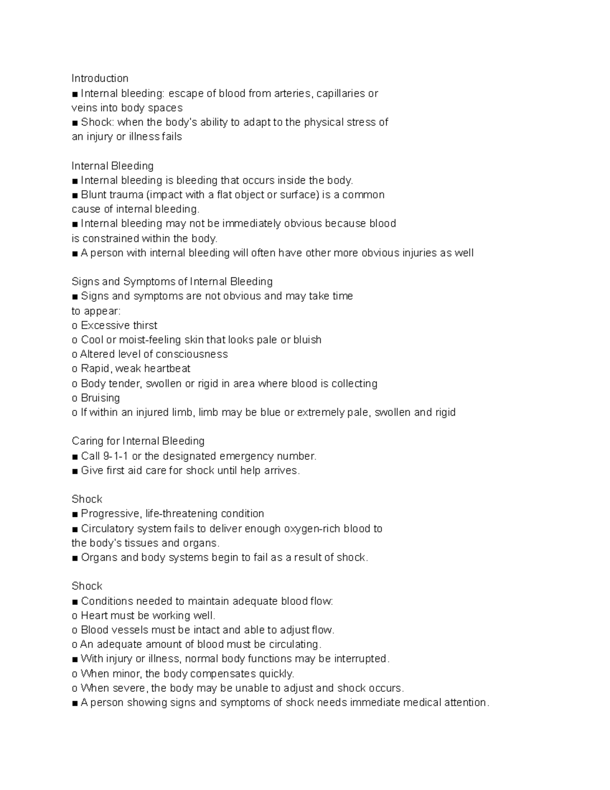 Hpem Pt7- Notes - Introduction Internal Bleeding: Escape Of Blood From 