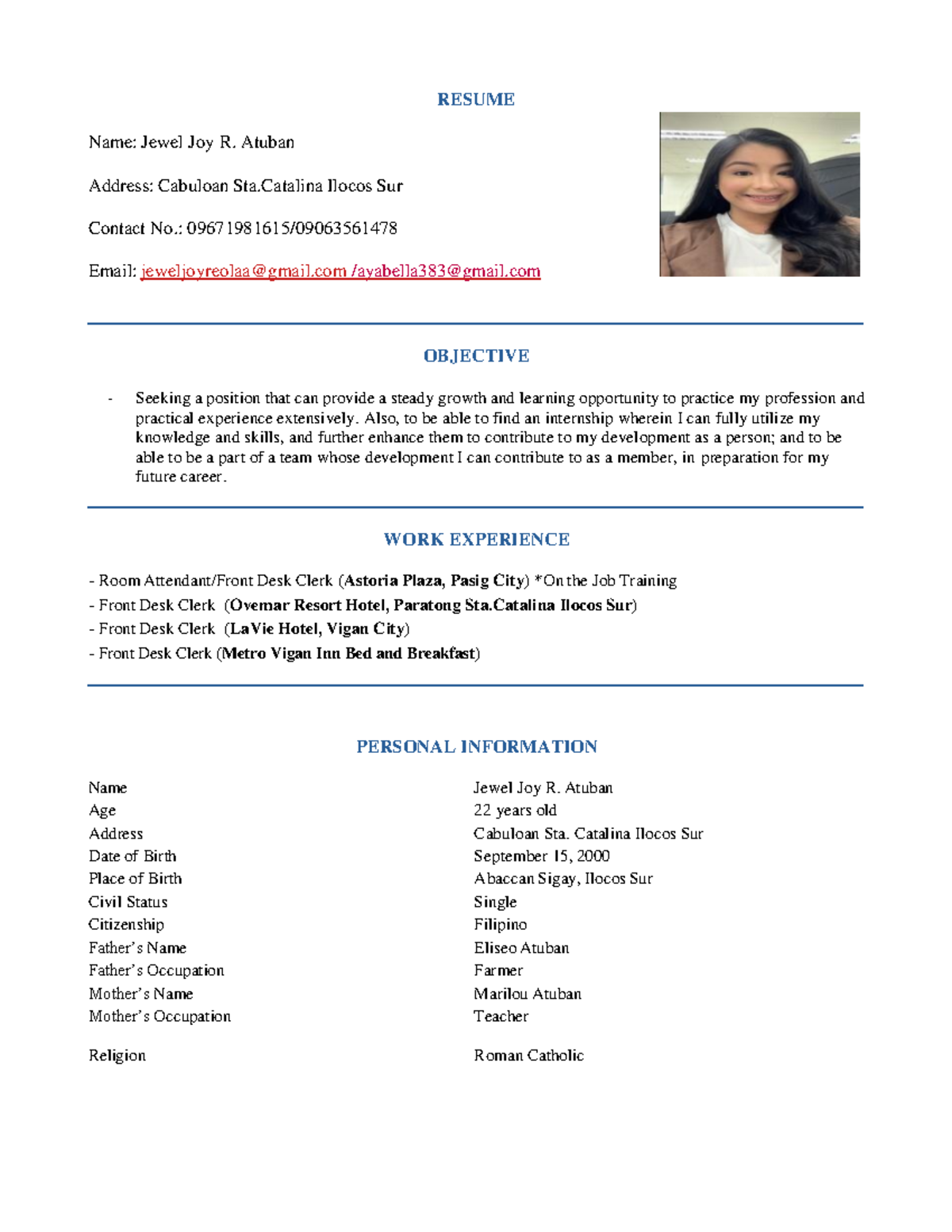 Jewel- Resume- Updated - RESUME Name: Jewel Joy R. Atuban Address ...