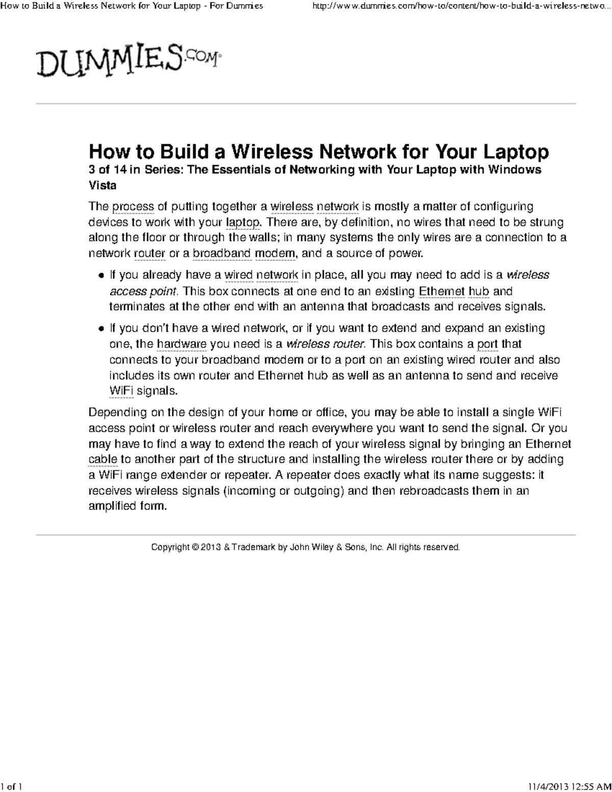 How to Build a Wireless Network for Your Laptop For Dummies How to Build a Wireless Network