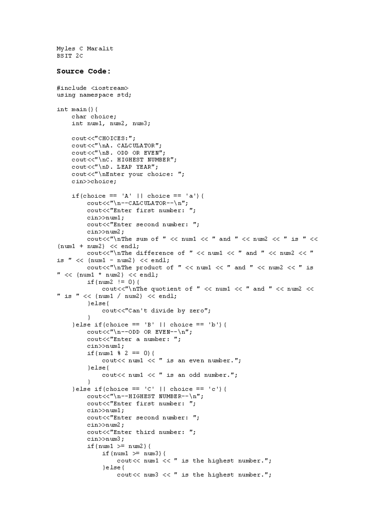 Source Code, Screenshot of Code & Output - Myles C Maralit BSIT 2C ...