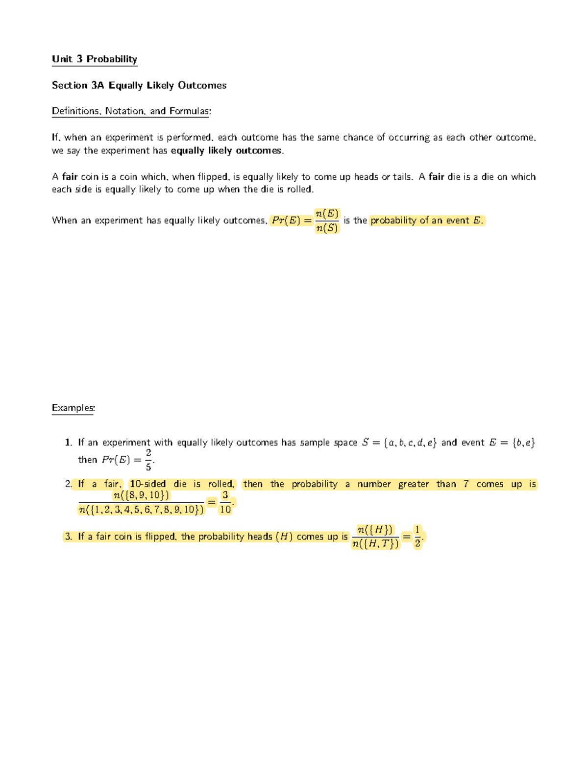 2 2.4 Unit 3 Probability Section 3A Equally Likely