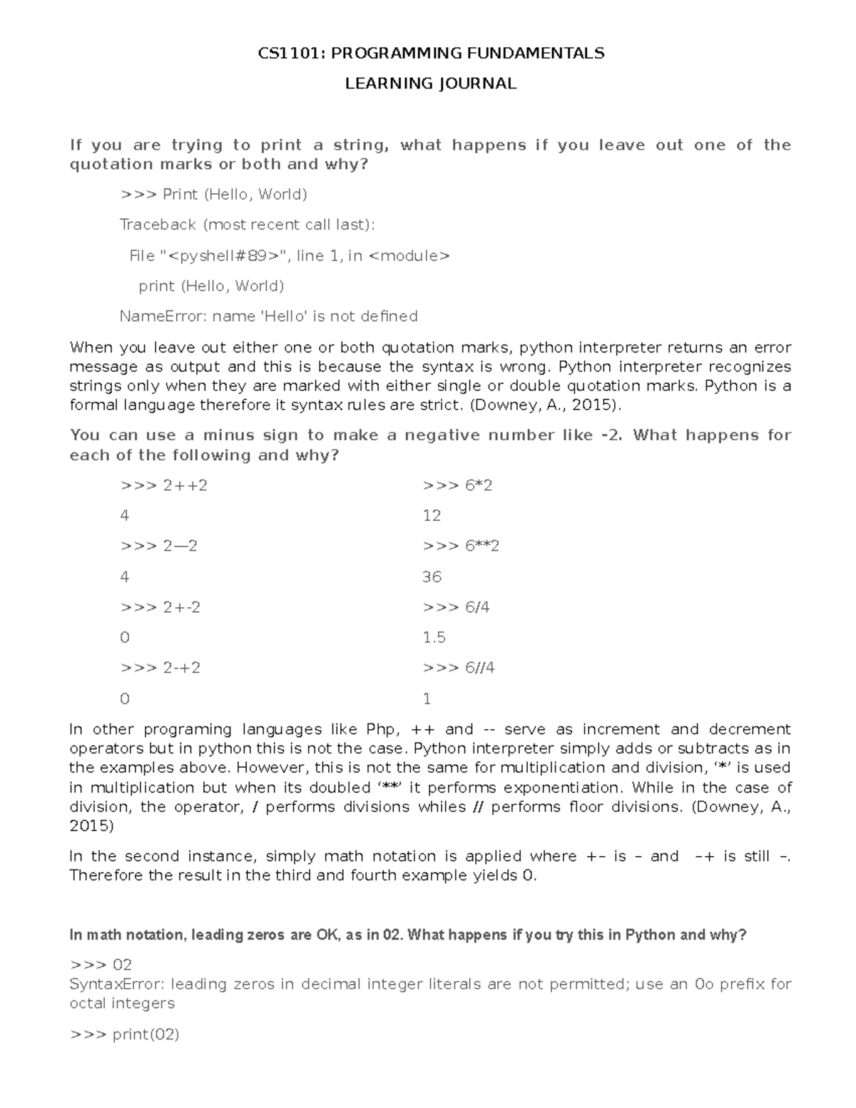 CS 1101 Learning Journal-Unit 1 - CS1101: PROGRAMMING FUNDAMENTALS ...