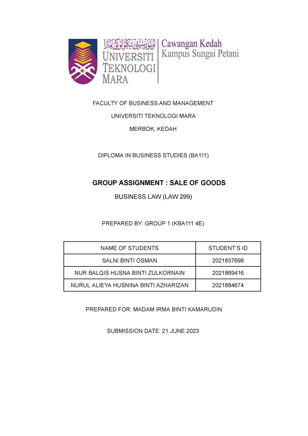 LAW299 Assignment Group 1 - FACULTY OF BUSINESS AND MANAGEMENT ...