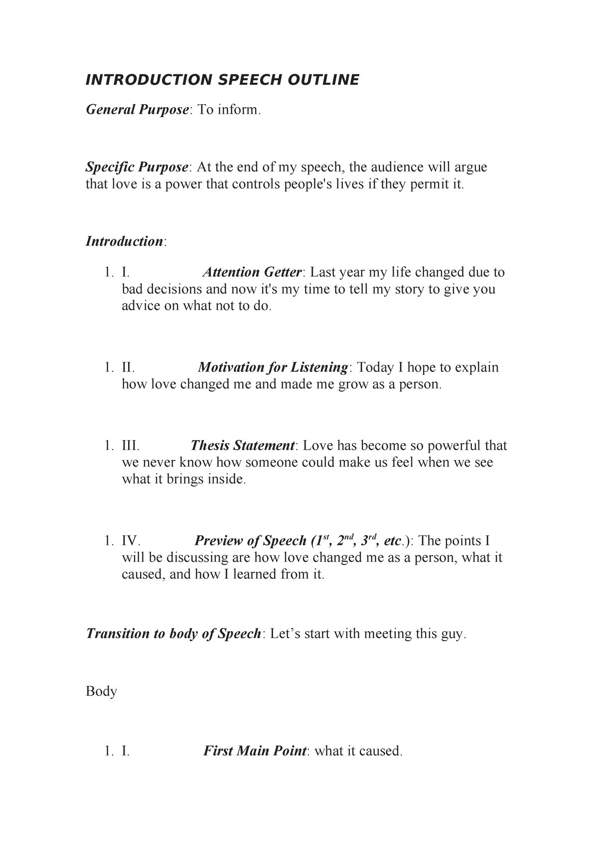 Introduction Speech Outline - INTRODUCTION SPEECH OUTLINE General ...