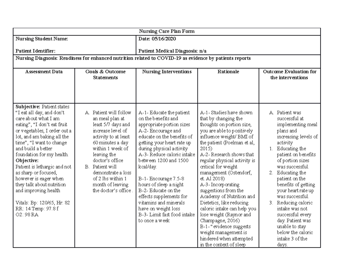 Care Plan 3 Care Plan Nursing Care Plan Form Nursing Student Name 