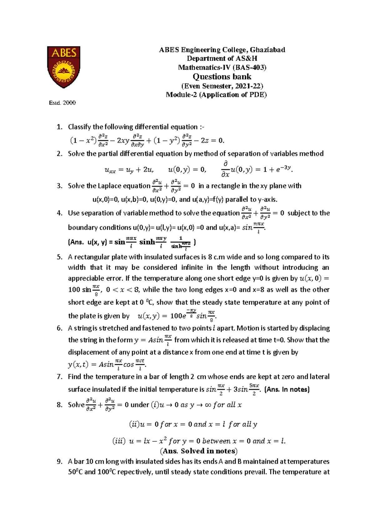 Practice Problem FOR partial differential equations - ABES Engineering ...