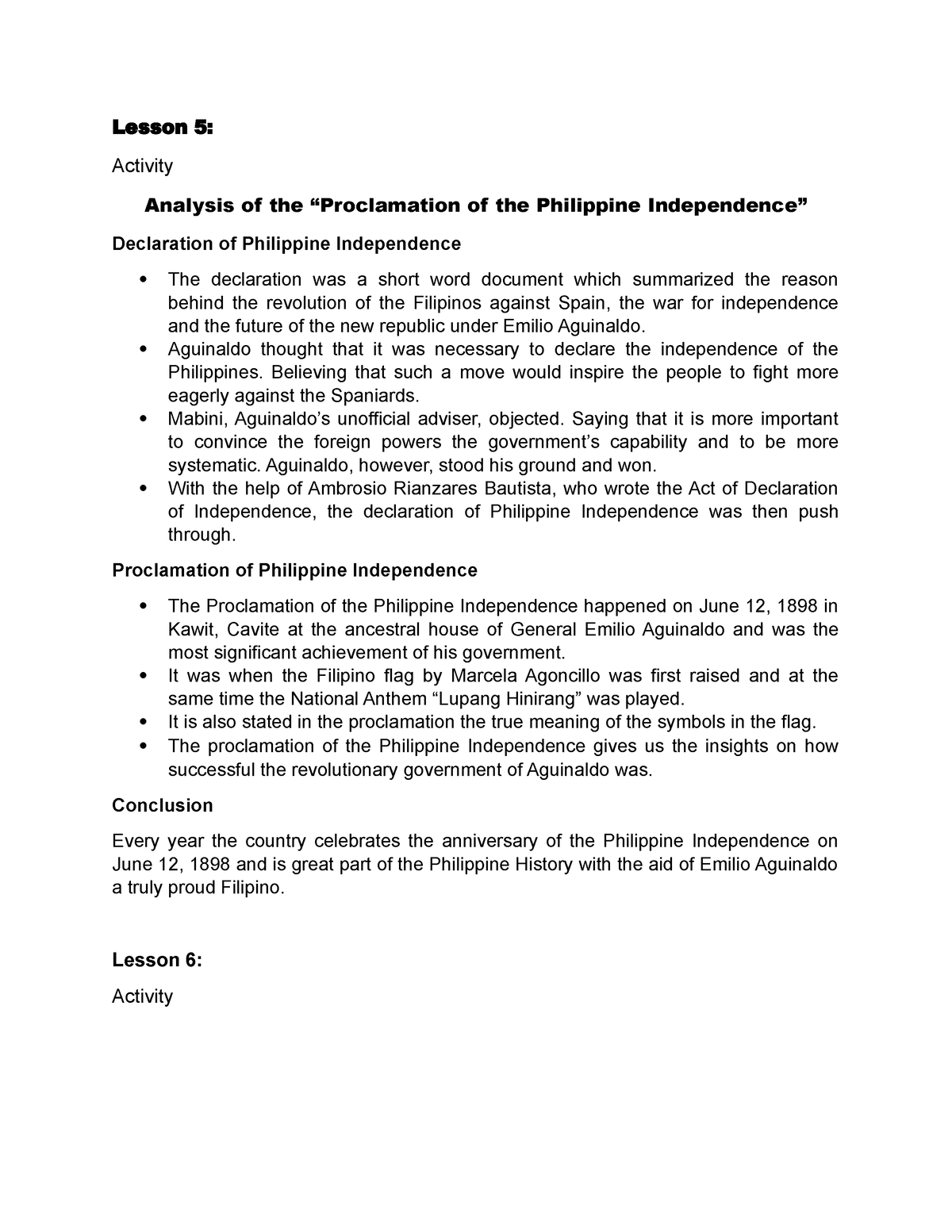 critical essay about proclamation of philippine independence