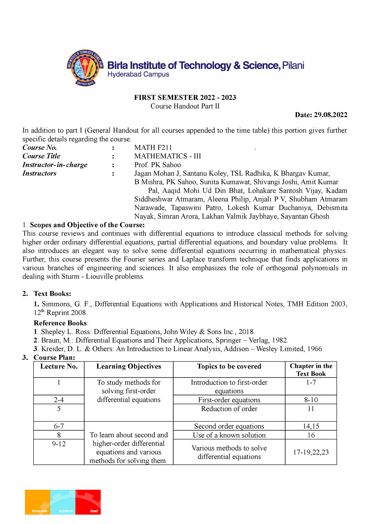 MATH F211 Course Handout - FIRST SEMESTER 2022 - 2023 Course Handout ...