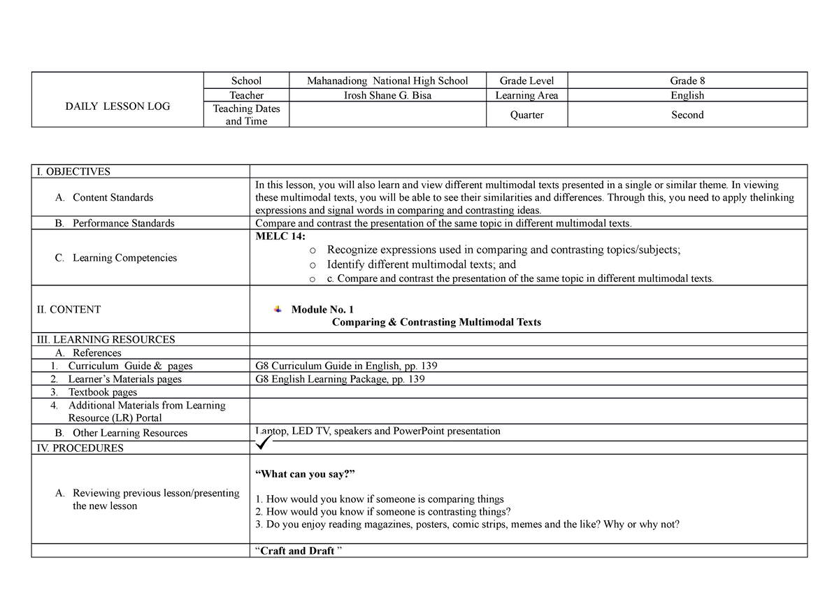 DLL in Multi MOdal Texts - DAILY LESSON LOG School Mahanadiong National ...