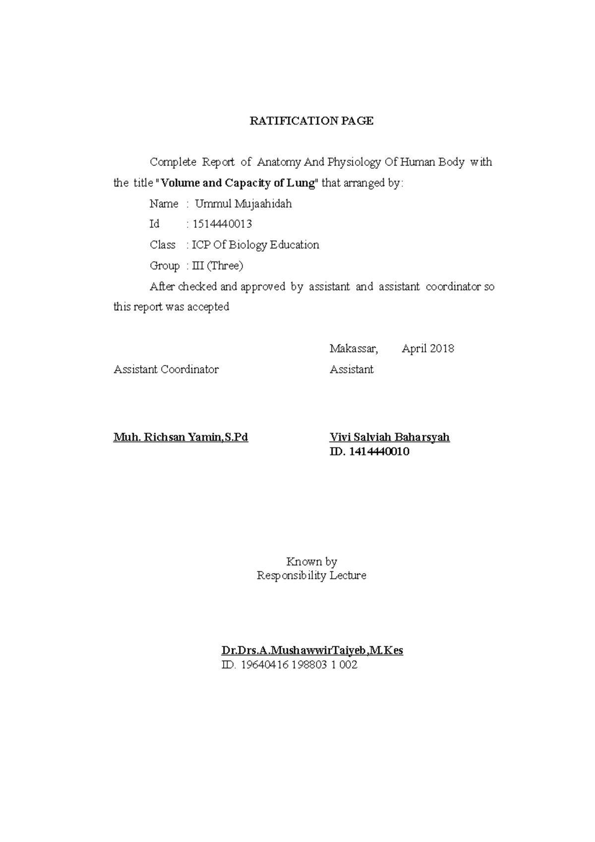Volume dan kapasitas paru-paru - RATIFICATION PAGE Complete Report of ...