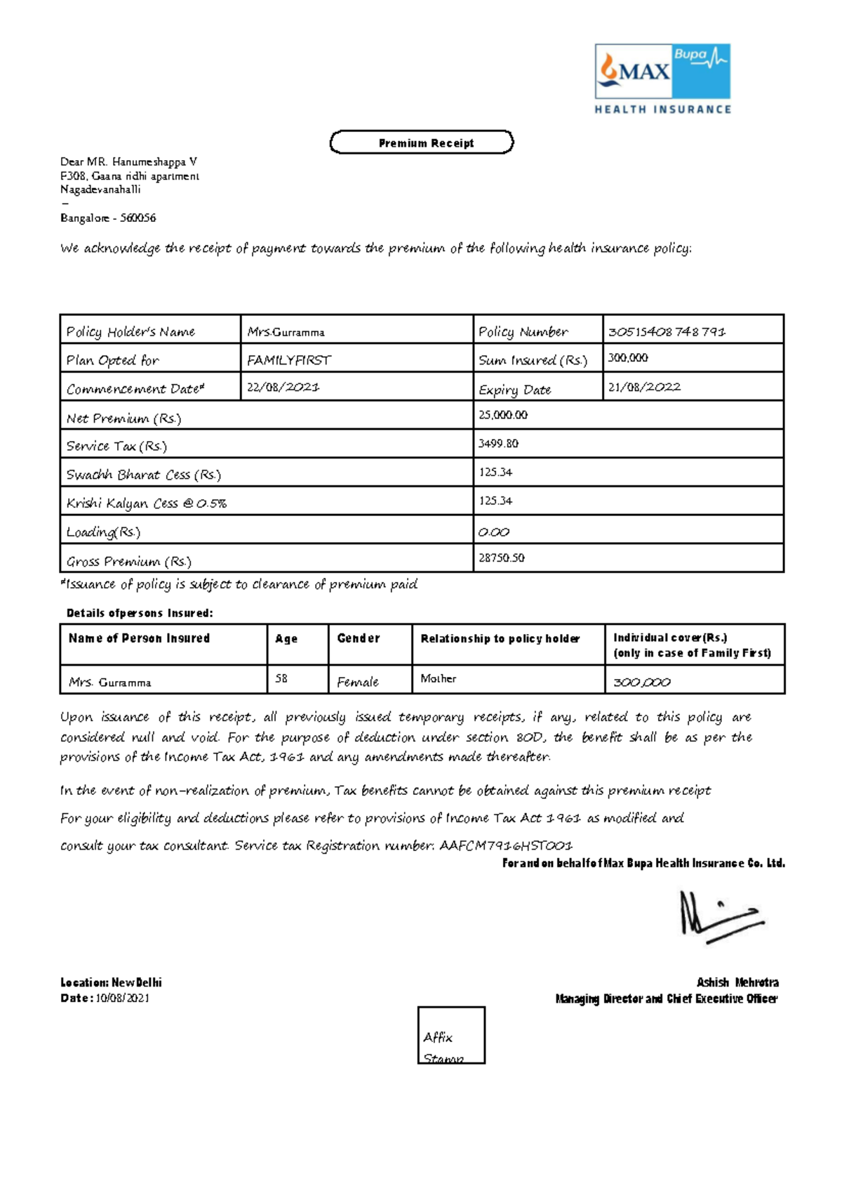 549404Parents good stop Premium Receipt Dear MR. Hanumeshappa V F308