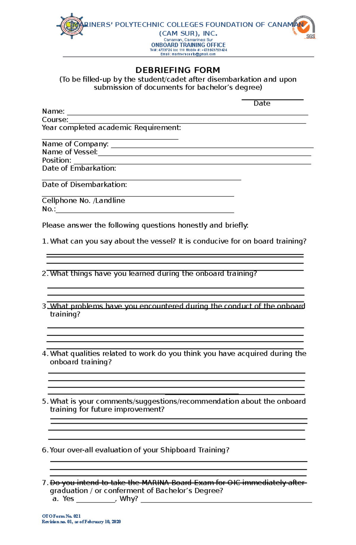 Debriefing Form OTO form 021 - MARINERS’ POLYTECHNIC COLLEGES ...