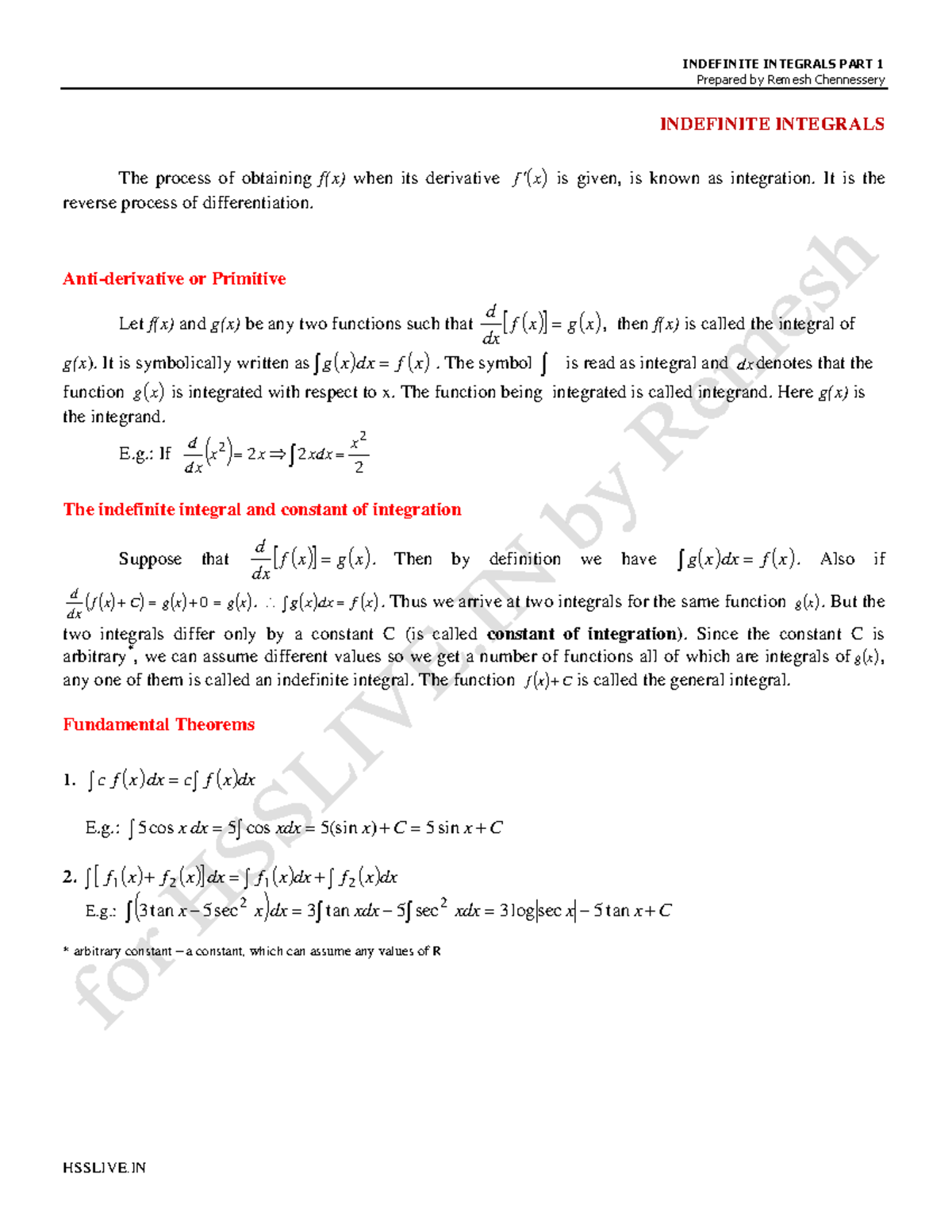 7 Indefinite Integral Study Material Part 1 hsslive - Prepared by ...