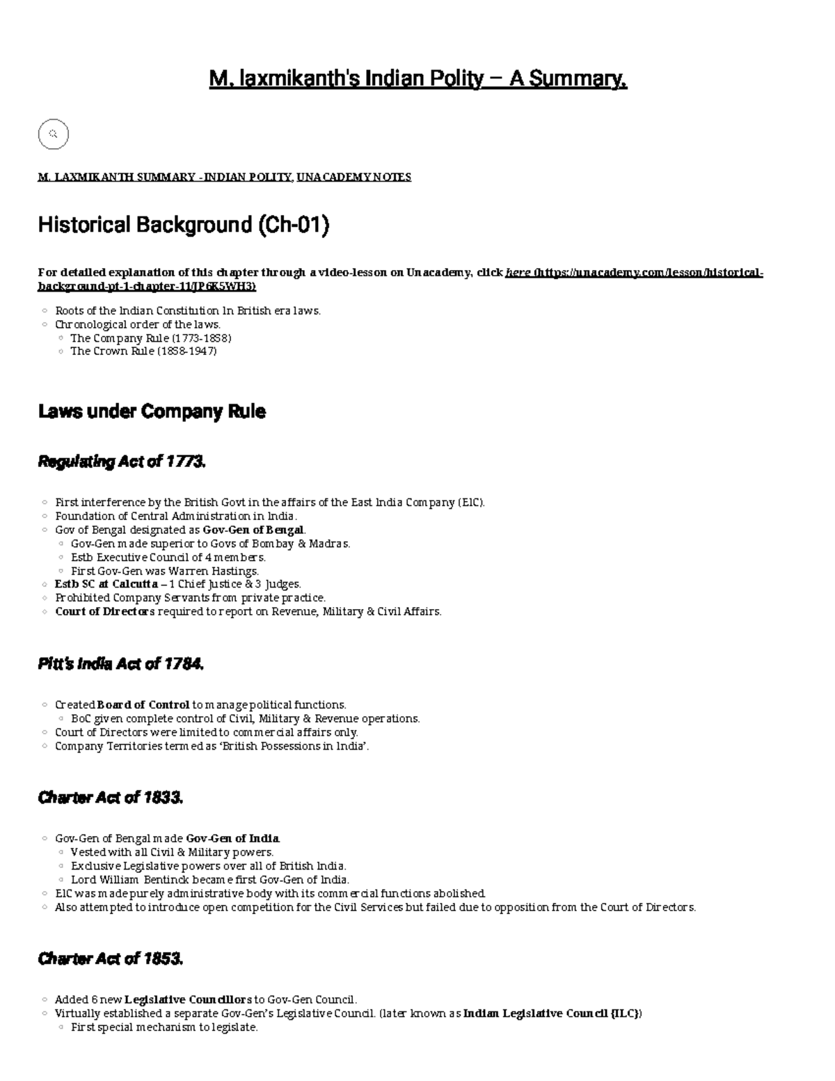 Historical Background (Ch01) M. laxmikanth's Indian Polity A Summary M. LAXMIKANTH