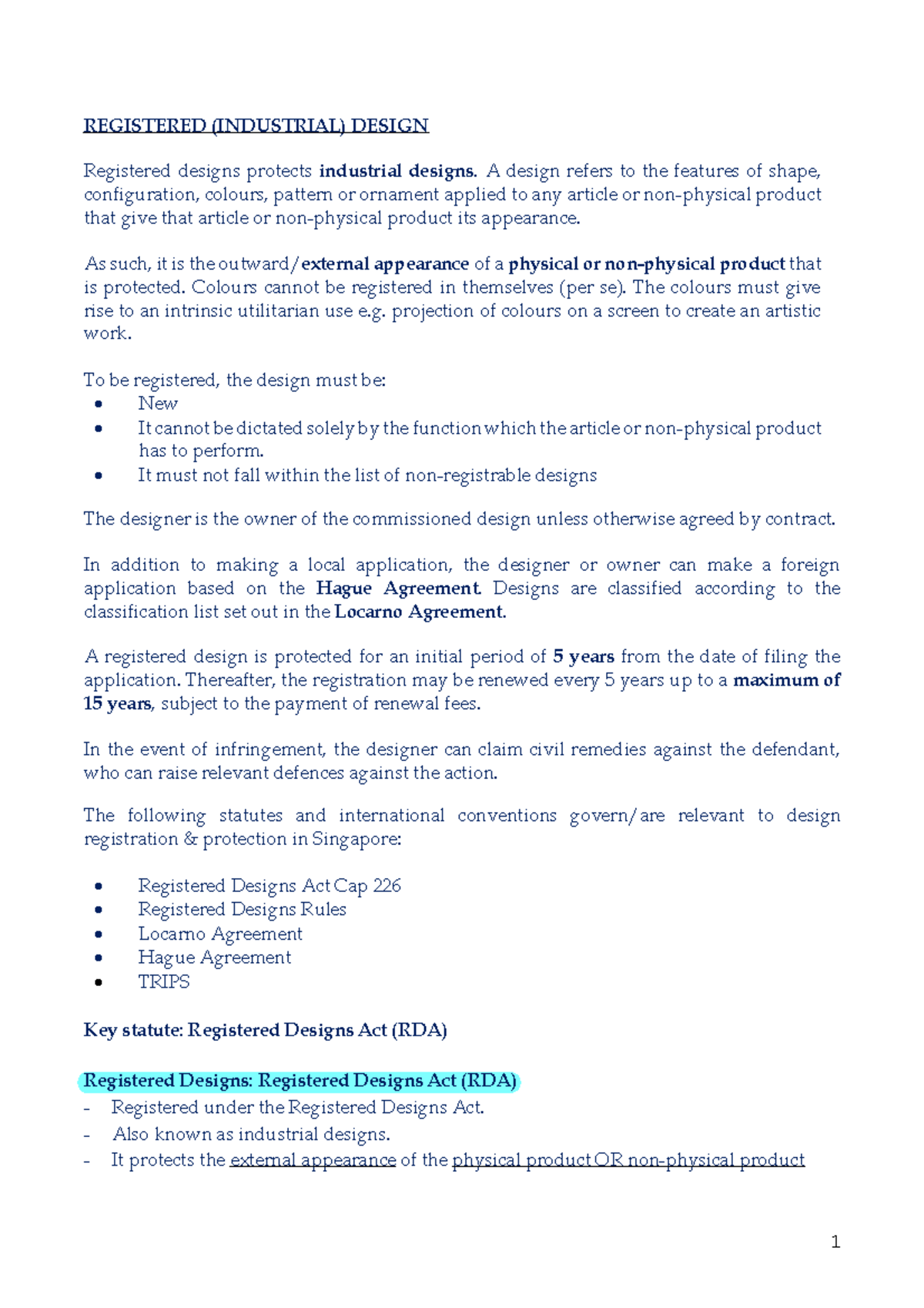Registered designs - Notes for IP law - SMU - Studocu